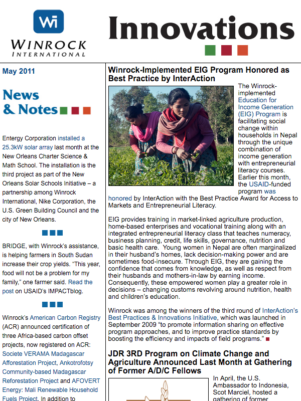 Winrock International May 2011 Innovations Newsletter