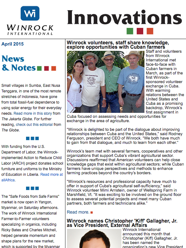 Winrock International April 2015 Innovations Newsletter