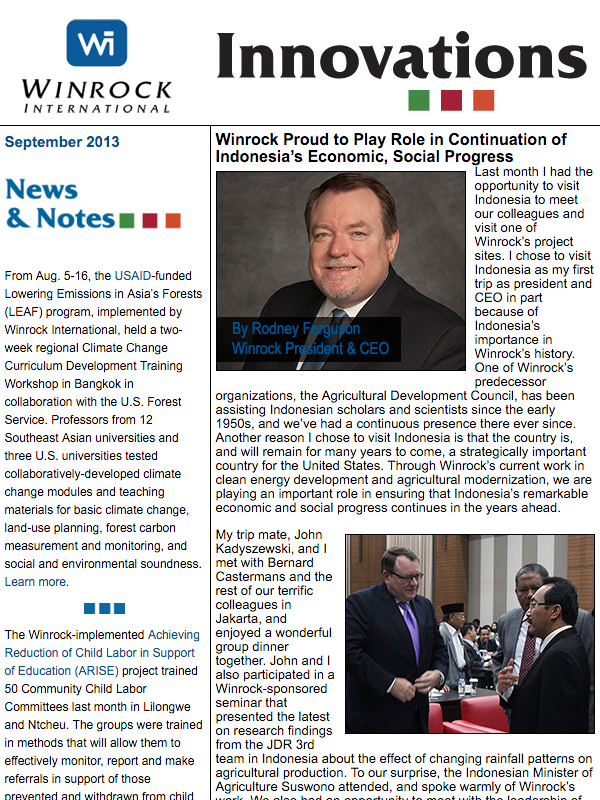 Winrock International September 2013 Innovations Newsletter